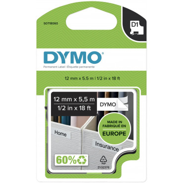 Dymo D1 tarrateippi 12 mm mu/va  pysyvä polyester | E. Kylmälä Oy